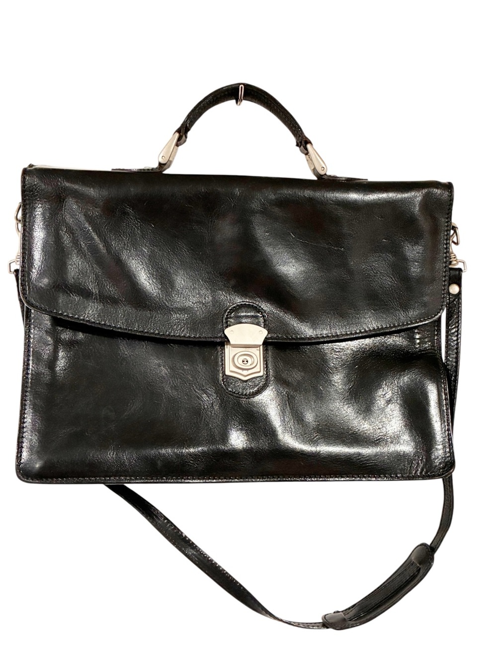 Vera Pelle Black Leather Laptop Work Bag Silver Buckle Crossbody